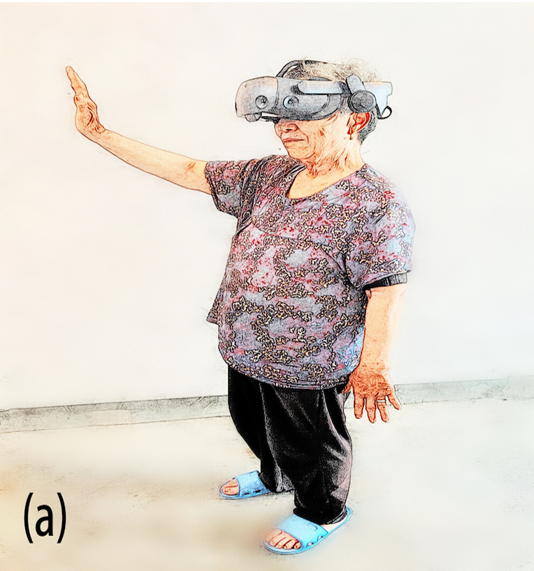 A Chinese elderly playing VR games using sing hand gesture