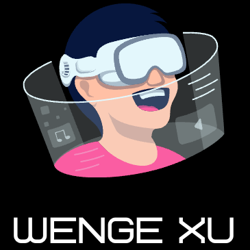 An image contains Wenge wearing VR head mounted display on the top and his name Wenge Xu on the bottom