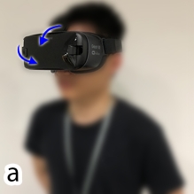 Image of a men wearing Gear VR to do head motions to input text in VR