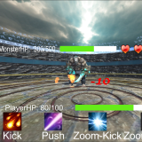 screenshot of the game used by the chi 21 paper with a monster standing in front of you and you can see 4 skills iamges and their names which you can perform in the game