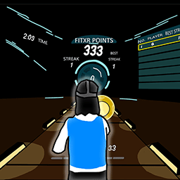 Screenshot of a game with a lady playing the vr game in cartoon style