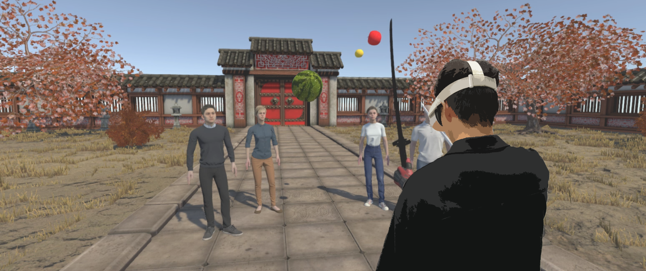Image of the game environment displayed in a third person perspective with 4 friends model stnading in front of the player.