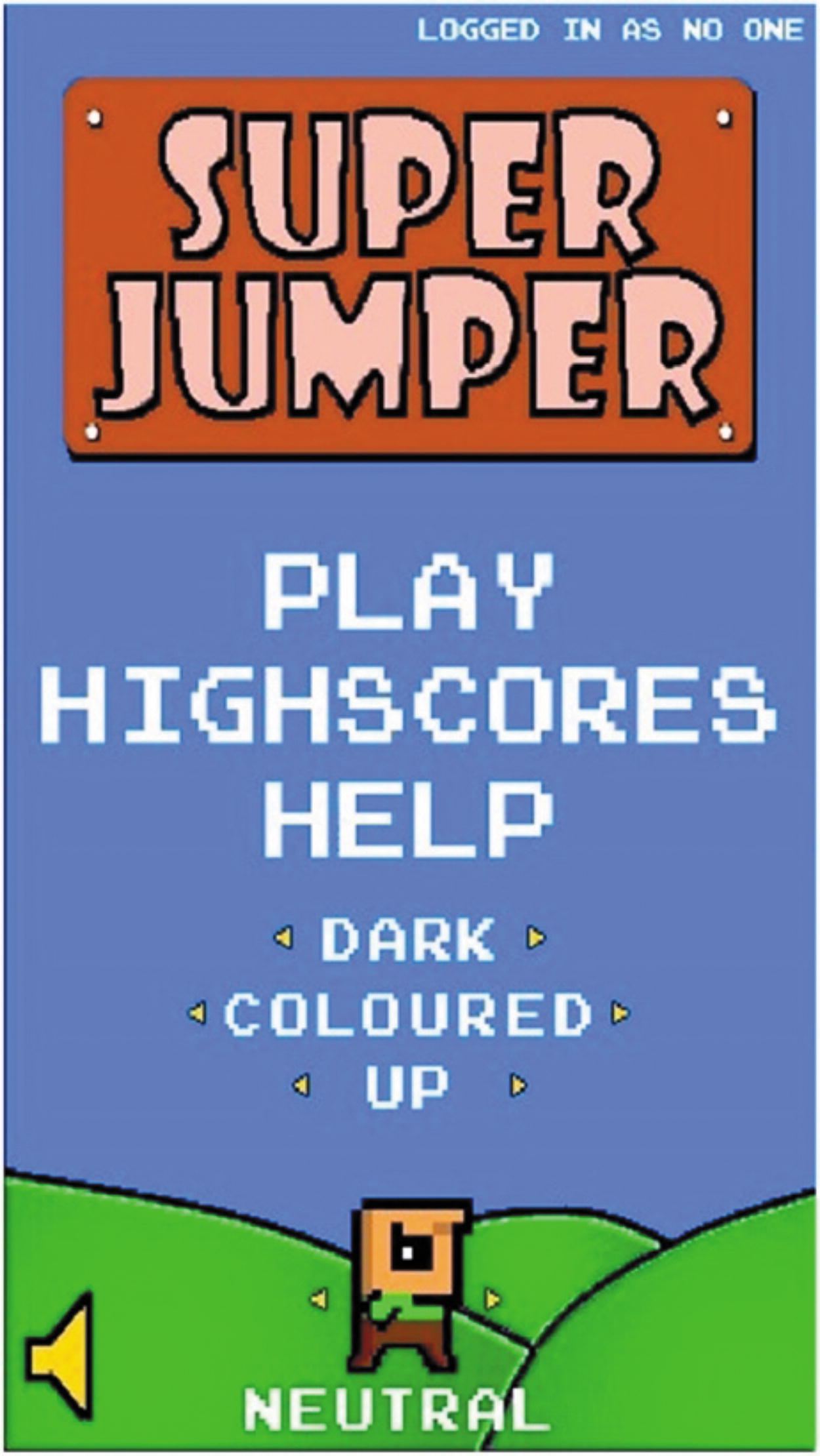 Super jumper game start scene with four options, dar, colour, up, and character.