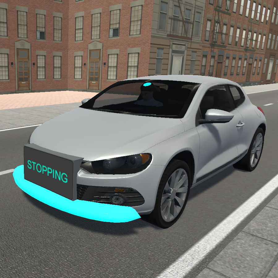 An automated vehicle with LED display and light strip activated showing the ehmi design